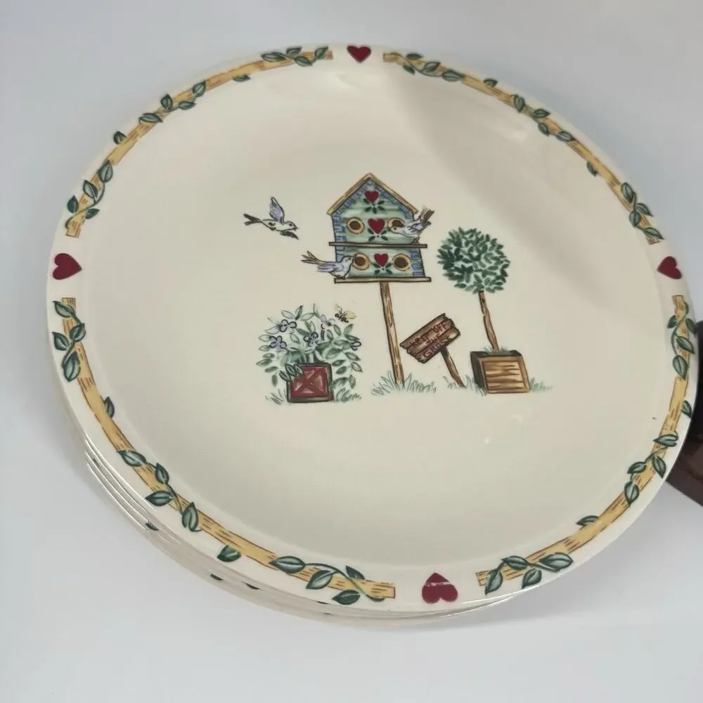 Thompson Pottery Birdhouse Dinner Plates SET OF 3 10.25” Cottage Farmhouse Vtg